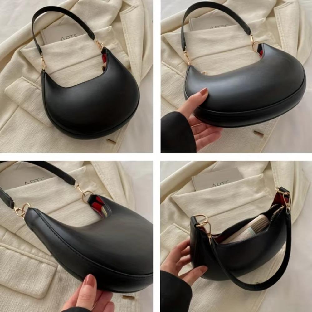 Fashion PU Leather Shoulder Bag Large Capacity Solid Color Underarm Bag Moon-shaped Tote Handbag Women