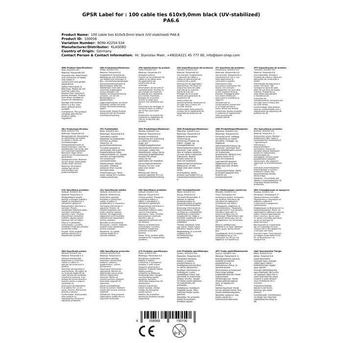 Black Cable Ties 610mm X 9mm, Pack of 100, UV Resistant