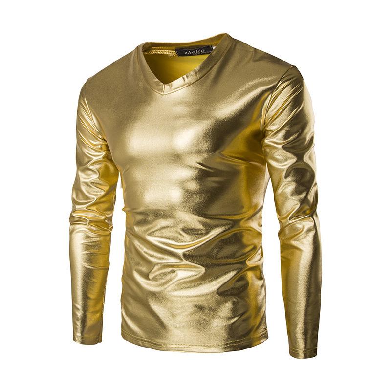 Men Shiny Gold Foil Slim Fit Short Sleeve T Shirt For Nightclub Performance