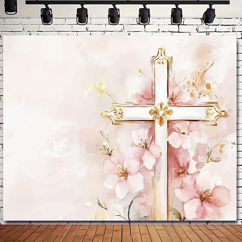 Pink Floral Baptism and the First Communion Background Banner - Decorated with a Golden Cross Design