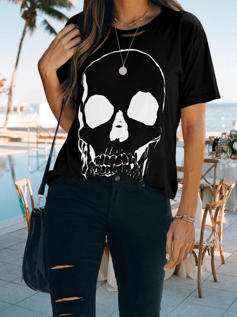 Women's Cotton Graphic T Shirt Skull Print Distressed Short Sleeve Loose Top