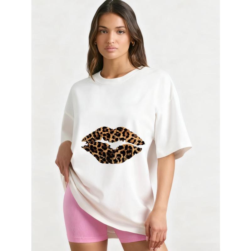 Oversized T Shirt Black Leopard Print Lips Design Casual Wear for Women Summer Fashion Statement Top