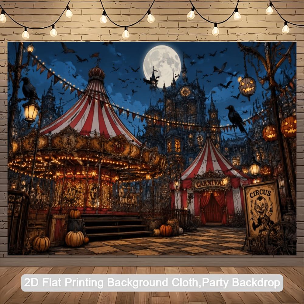 One 2D flat banner with a Halloween circus carnival theme background including a carousel.zyc