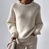 Autumn Winter Pure White Sweater Women's Round Neck Lazy Pullover Temperament Simple Comfortable Knitted Undercoat Top