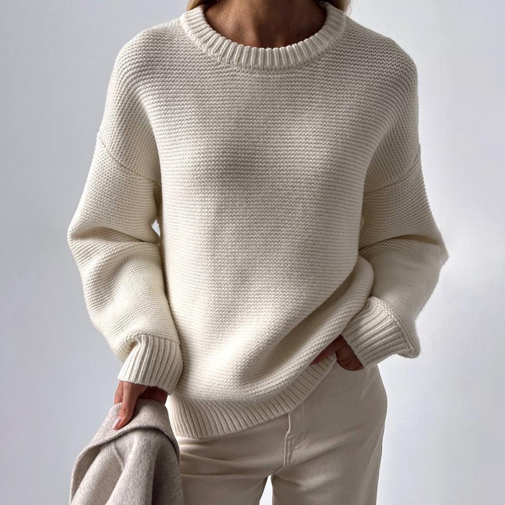 Autumn Winter Pure White Sweater Women's Round Neck Lazy Pullover Temperament Simple Comfortable Knitted Undercoat Top