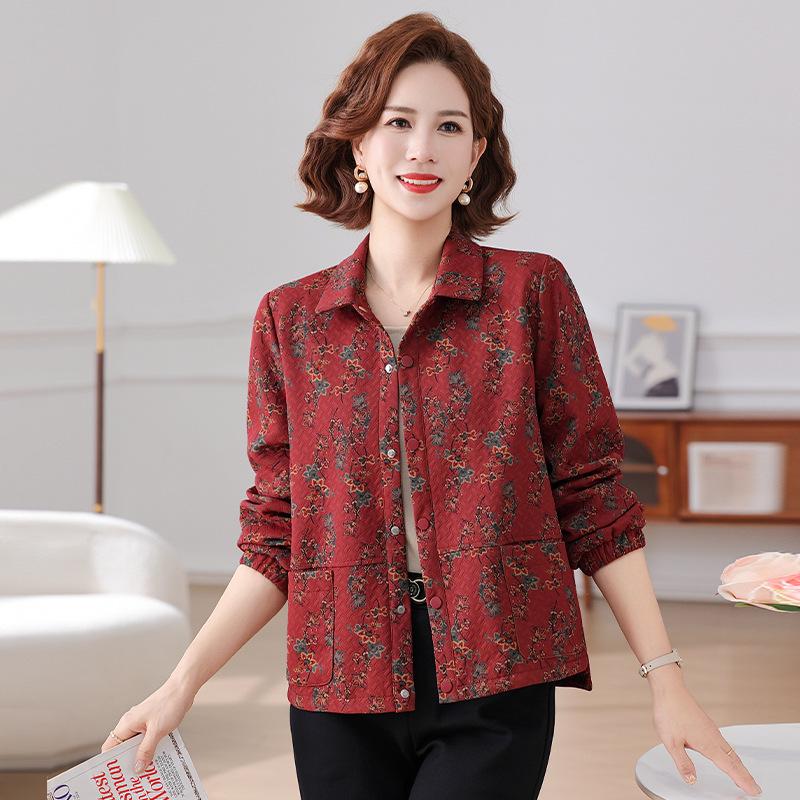 

Mom s Autumn Print Zipper Cardigan – 2025 New Loose Lapel Jacket for Middle-Aged and Elderly Women XL for 90-110 catties червоний
