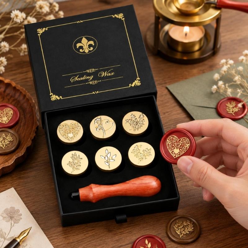 Decorative Wax Seal Stamp with Metal Components and 6 Round Design Disks for Gift Wrapping, Journaling, and Scrapbooks