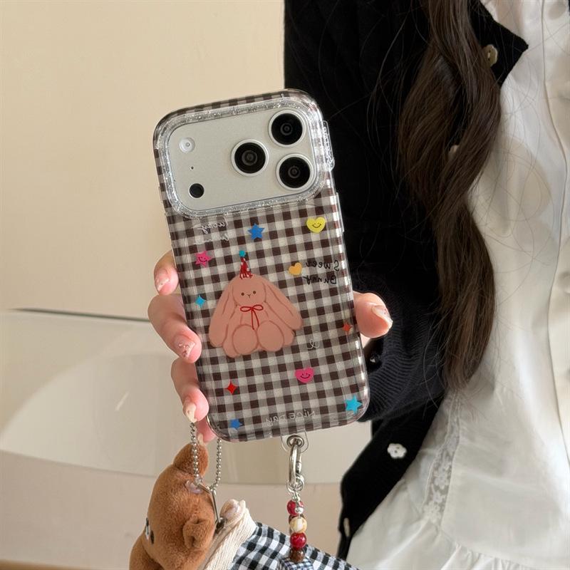 Custom Black Plaid Bunny Illustration Phone Case for iPhone 17/16 Pro Max/15/14
