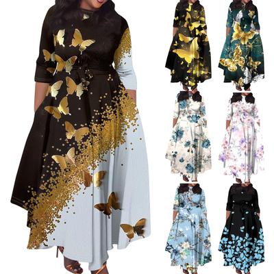 Damen Casual Fashion Große Größe Blumendruck Rundhals Dreiviertelärmel Taschenträger Swing Kleid