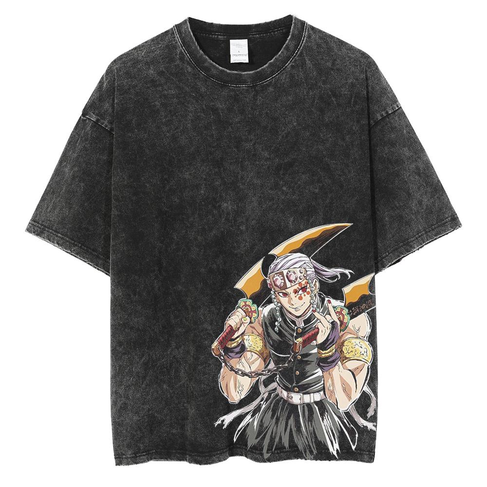 Hot Anime Demon Slayer Kamado Tanjirou Graphic Print T Shirt Men Manga Tshirts Washed Cotton T-shirt Harajuku Male Vintage Tee