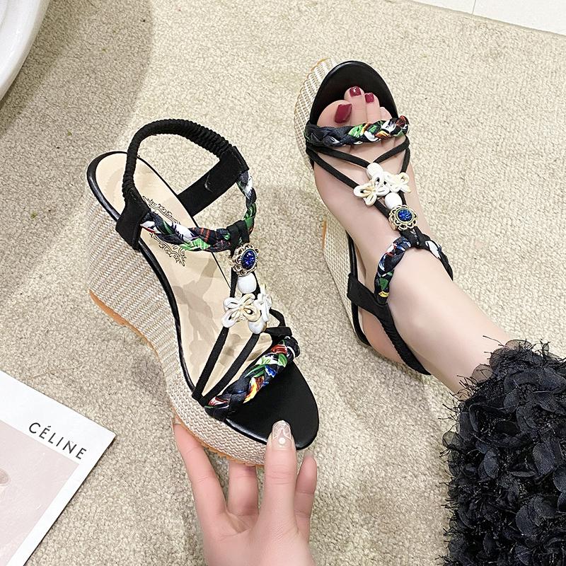 Fashion Mixed Colours Woven Spaghetti Straps Thick Platform Sandals Womens Summer Super High Heel Sandels Outdoor Beach Non-Slip Sandals