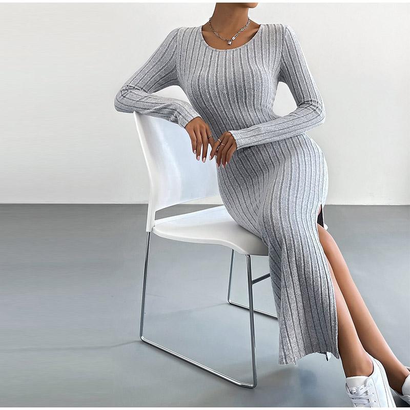 New Women Spring Autumn Casual Dress Solid Color Knitted Dress Sexy Slim Elegant Retro Dresses Long Sleeve Round Neck Side Slit Dress