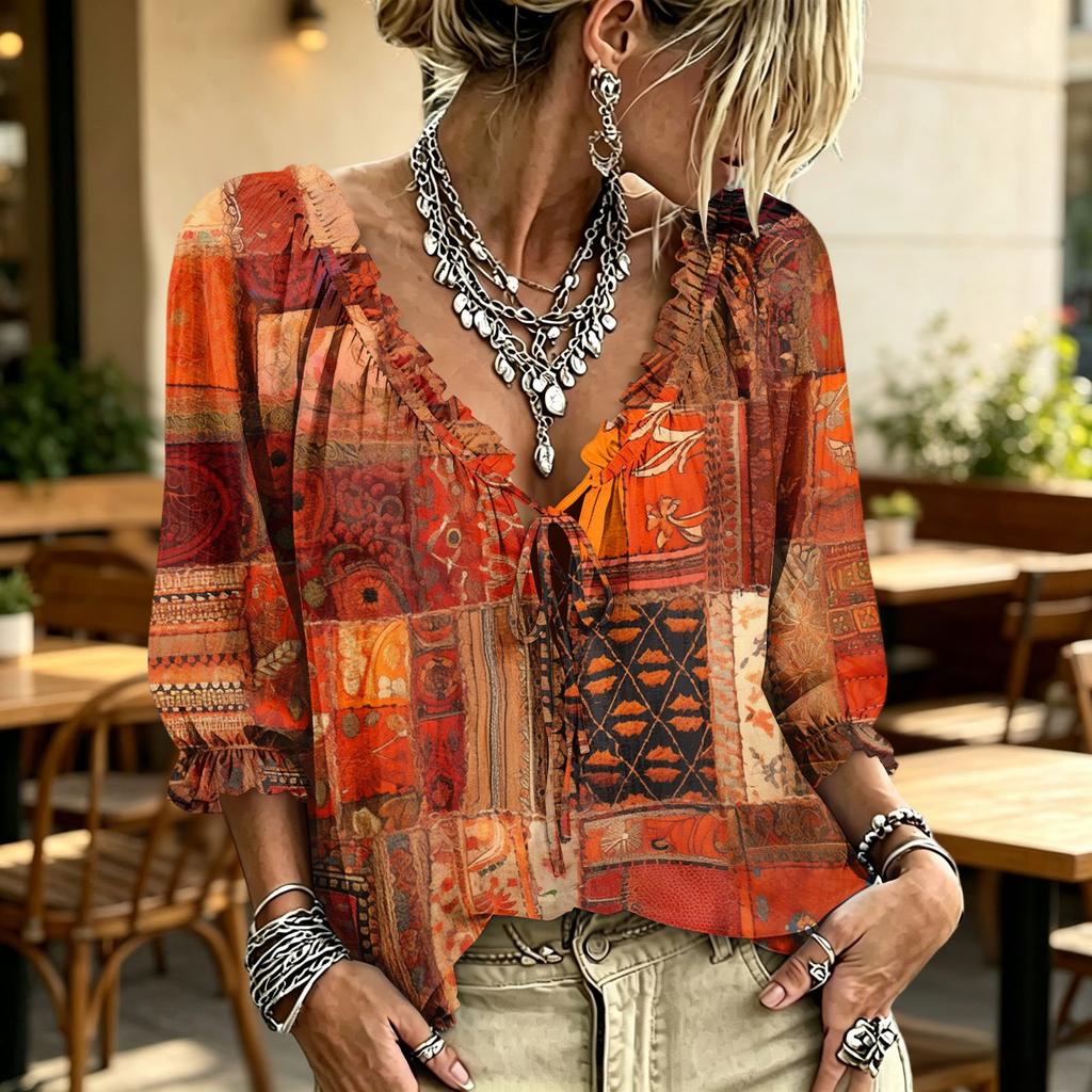 Women's Casual V-Neck Printed Tie Ruffle Blouse for Everyday Wear