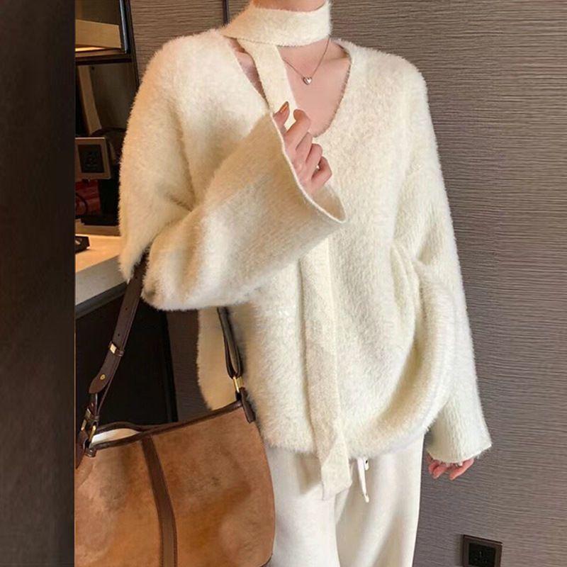 Gentle Mink Knitted Sweater Autumn and Winter New Lazy Knitted Sweater Top Loose Mid-length Scarf