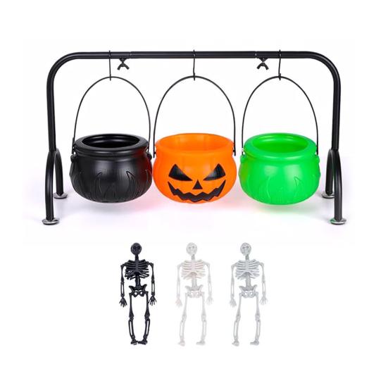 Yousheng Halloween Decoration Witches Cauldron Serving Bowls Set with Iron Rack Skeleton Hooks Plastic Candy Bowl for Indoor Outdoor Party Decorations