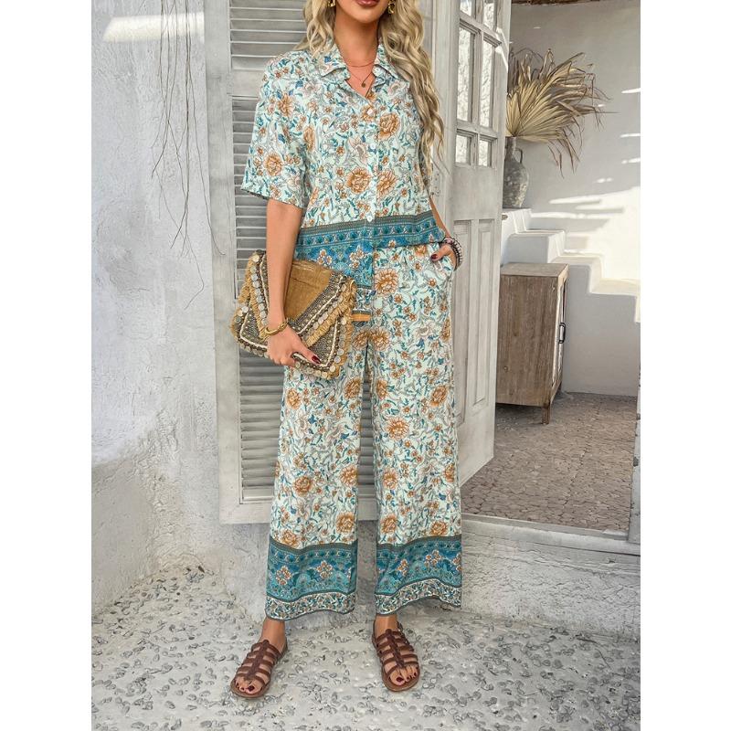 Women's Summer Print Contrasting Color Bohemian Vacation Short-sleeved Long Trousers Set