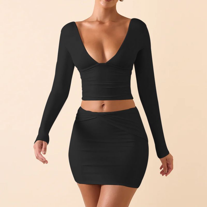 

Deep V-neck Top and Short Skirt Set Depth V-neck Long Sleeve Top Skirt Outfit Black S