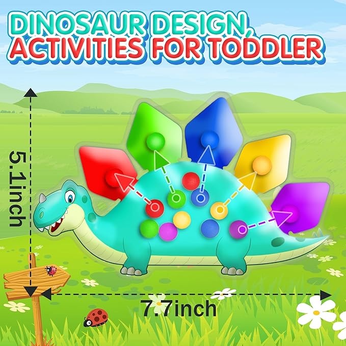 Dinosaur Color Sorting Sensory Toy for Toddlers 1-3, Travel Essential Roadtrip Toy for Boys Girls, Fine Motor Montessori Fidget Presch