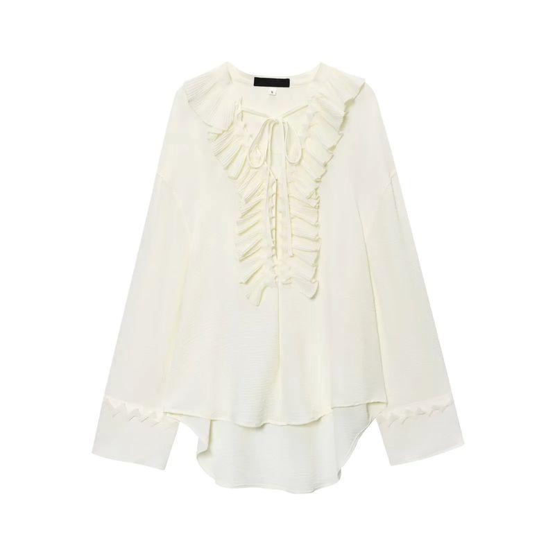 Summer New Product Women's Clothes French Style Design Loose-Fitting V-neck Long Sleeves Wave Style Wear Shirt Dress 1284891