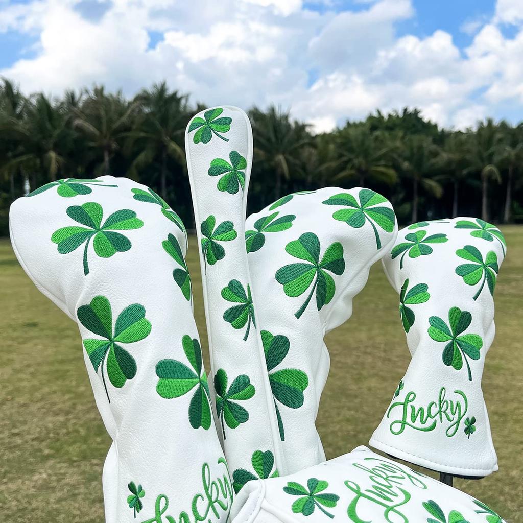 Aliennana Premium Leather Golf Club Headcovers, Lucky Clover Style, Golf Wood Cover Set, Golf Driver Cover, Fairway Wood, Utility, and Hybrid Headcove