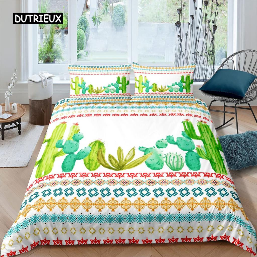 Cactus Duvet Cover Set King Size Hand Painted Style Bedding Set Nature Art Prints Comforter Cover Green Plant Cactus Quilt Cover