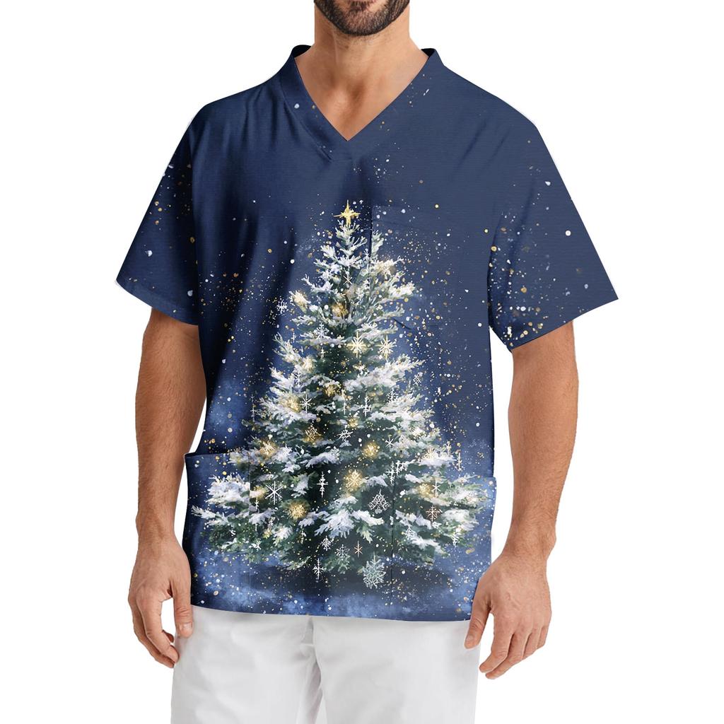 Men's Printing Short Sleeve V-neck Working Blouse Chest Pocket Carer Top