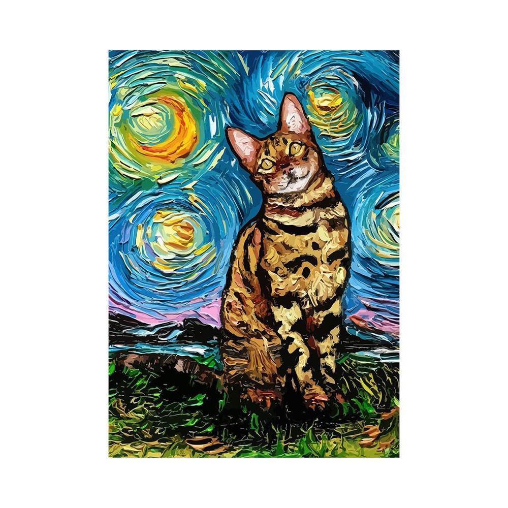Poster Astratto Gatto Notte Stellata Van Gogh Stampa su Tela Pittura Animale Carino Arte da Parete Per Soggiorno Decorazione Casa Quadri