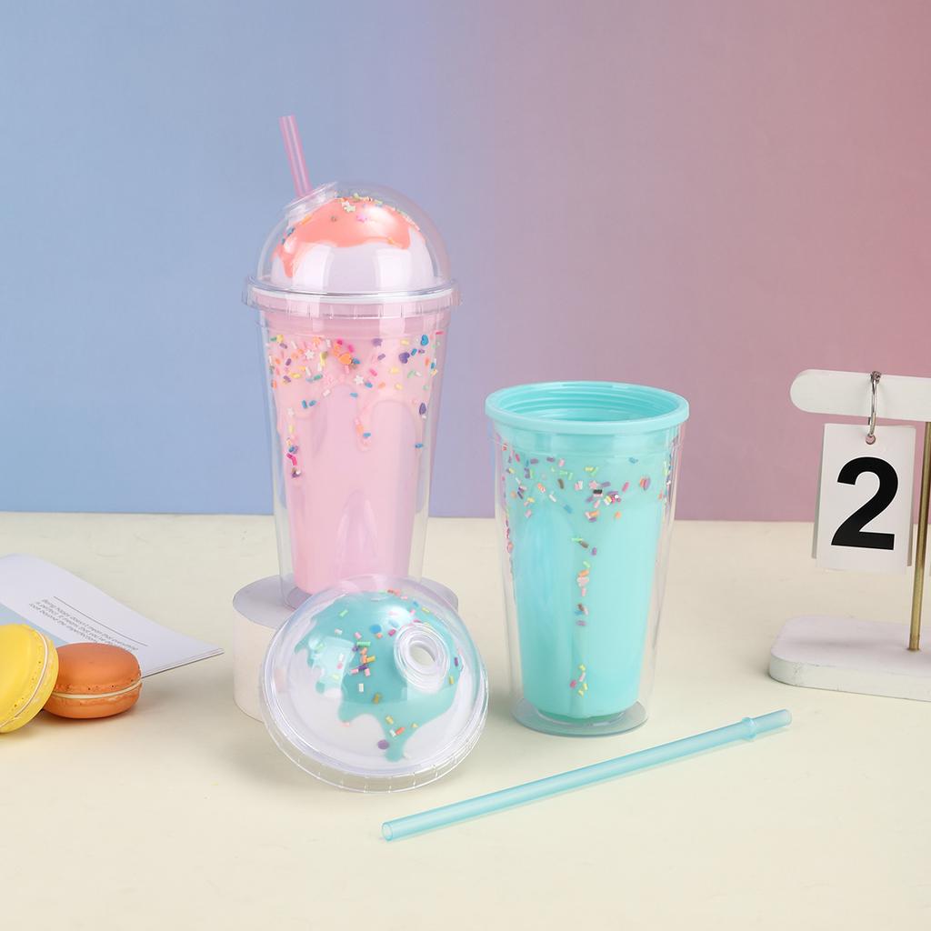 Water bottle Fashion Internet celebrity straw cup Cream Epoxy ice cream ice cream cup Double layer couple plastic water cup with lid