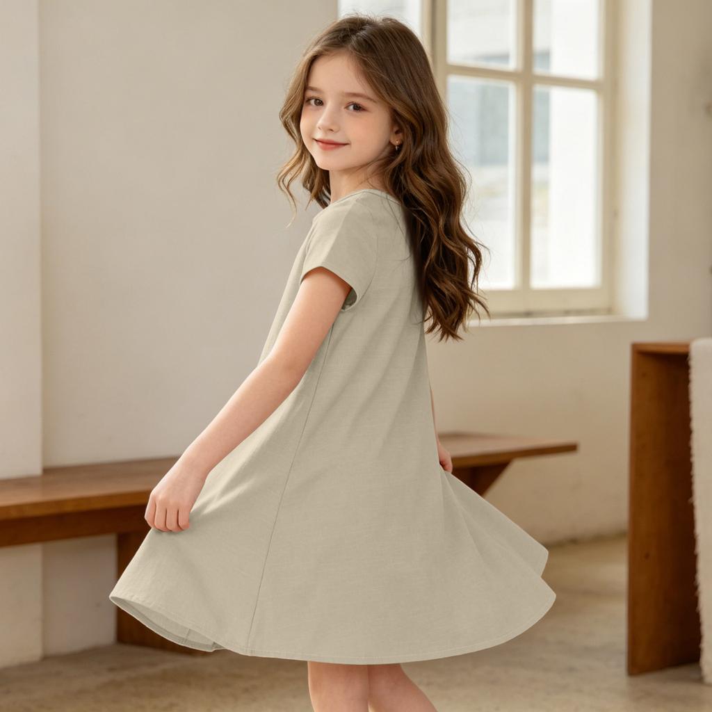 Girls Casual Short Sleeve Dress Lightweight Breathable Summer Dress Made from Cotton Linen Fabric Comfortable Fit Simple Design