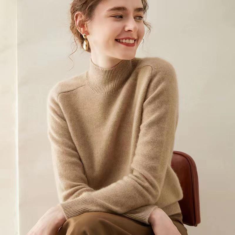 Women's Cashmere Half High Neck Sweater – Thick, Solid Color, Loose Fit for Autumn/Winter.
