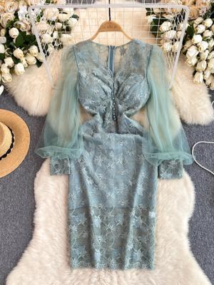 French Vintage Dress Elegant Lace Dresses  Women 2025 New Perspective Mesh Bubble Sleeves Spliced Slim Fit Bodycon