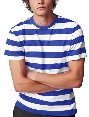 Zengjo Men's Striped T-Shirt (Blue and White, Thick, Size S)