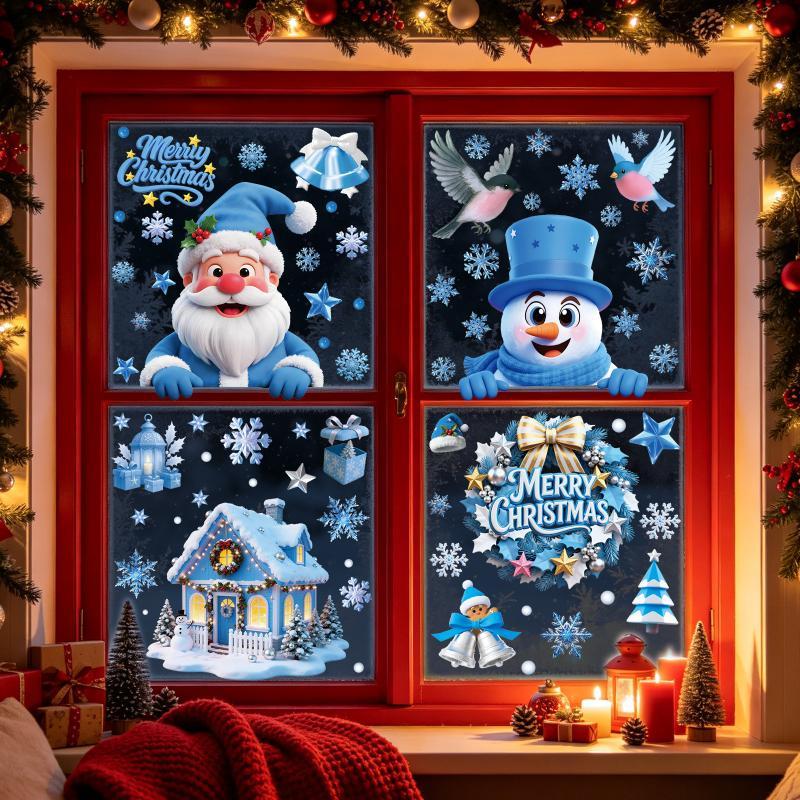 Christmas Decorative Glass Sticker Snowflake Snowman Blue Crystal Ball Theme Non-residue Window Decal for Xmas Party Home
