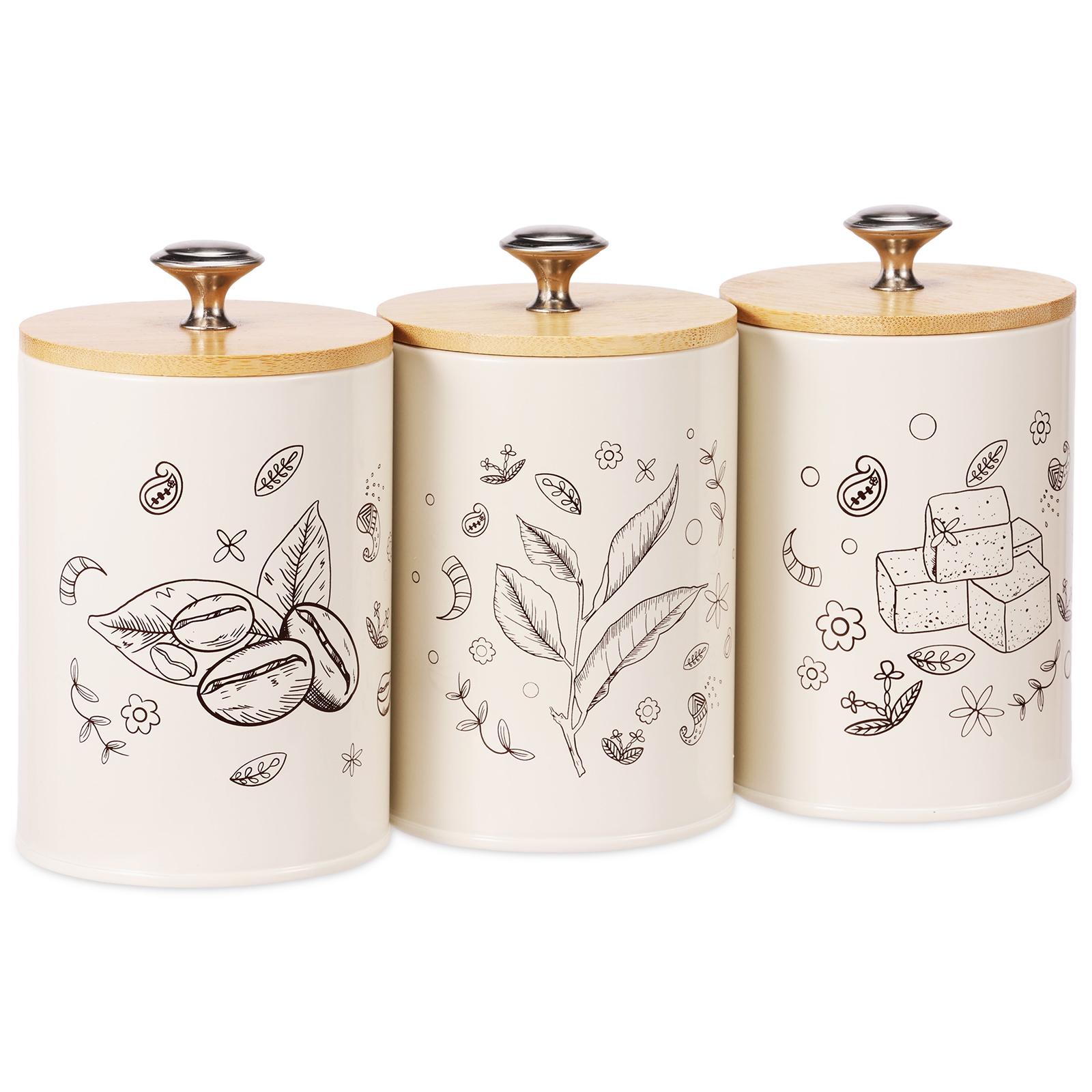 

Набор металлических банок с винтажным принтом, 3 шт., с герметичными деревянными крышками, контейнеры для хранения сахара, чая, кофе, банка для столешницы, столовой