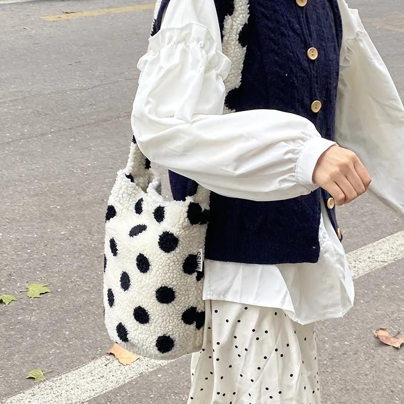 Leopard Print Polka Dot Women's Bucket Shoulder Bags Soft Plush Commuter Ladies Crossbody Bag Simple Female Handbags Tote