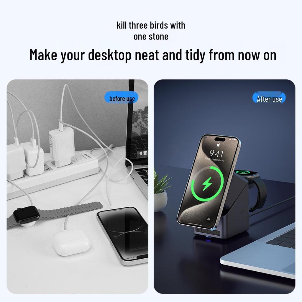 Magnetic 4-in-1 Wireless Charger with Auto-Rotate for Apple Devices, 15W Base
