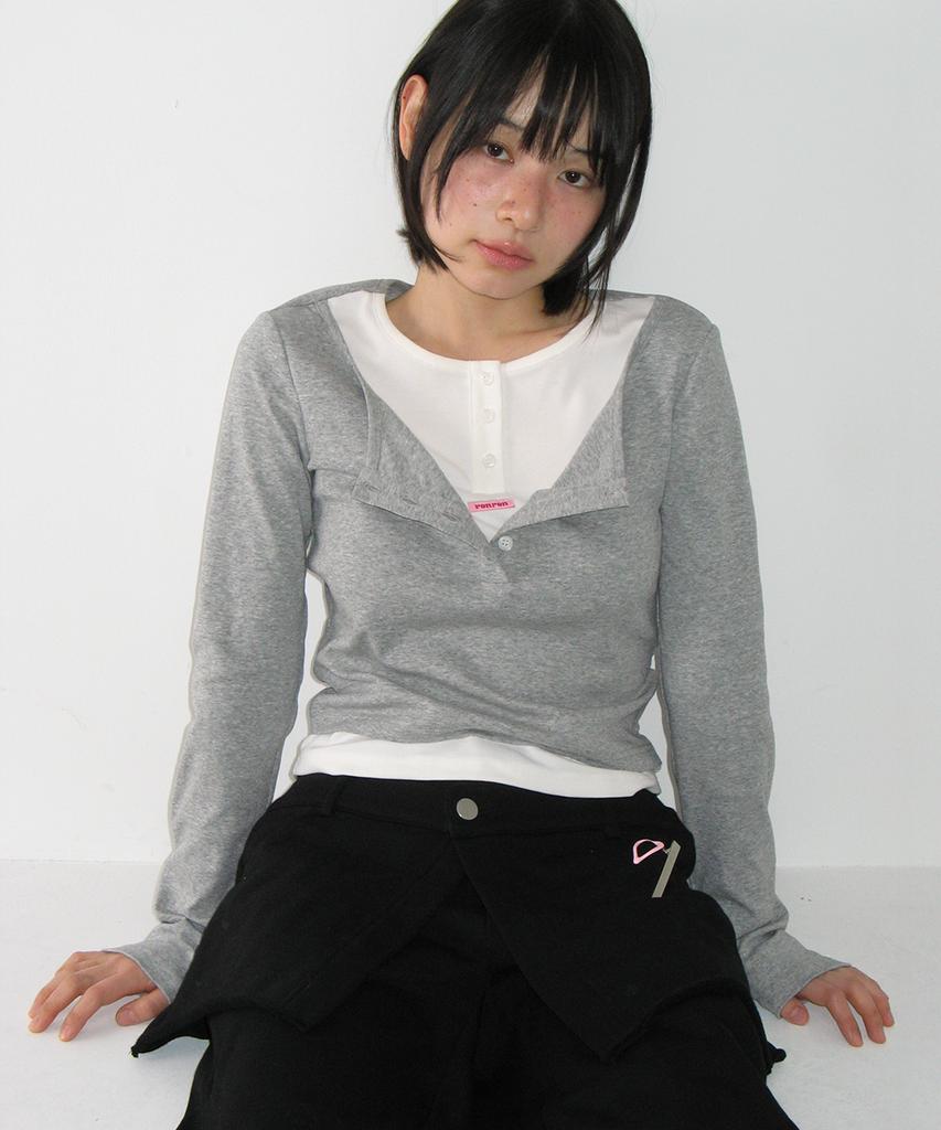 RONRON Layered Henryneck Long Sleeve Gray