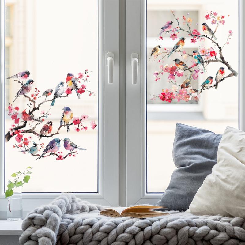 Flower Birds Stickers Window Decor Vinyl Art Spring Flowers Glass Wall Decal for Home Bathroom Kids Room Decoration