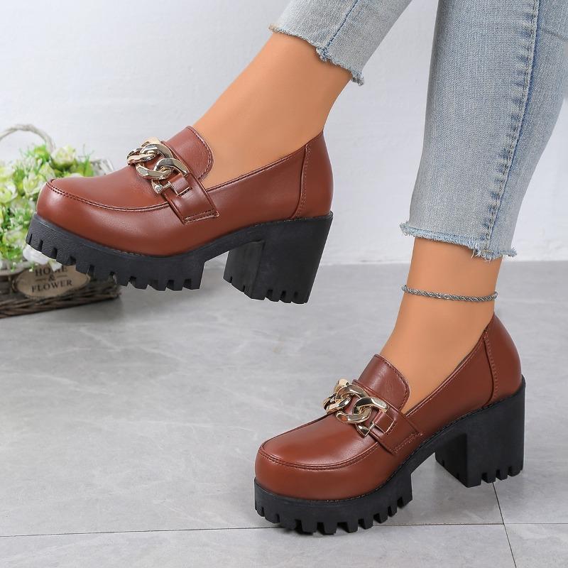 Women's High Heels Autumn New Round Toe Mid-mouth Metal Chain Platform Non-slip Single Shoes