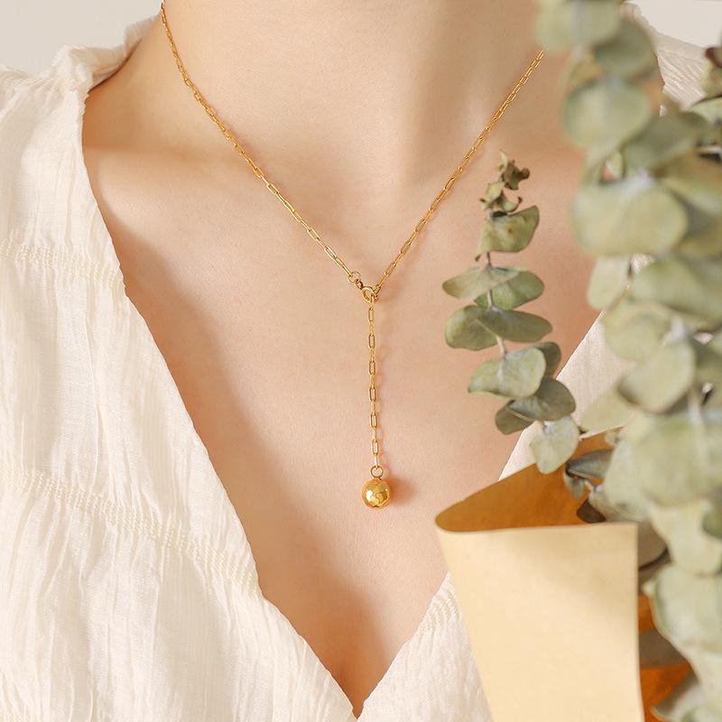 Gold-Plated Geometric Polygon Sphere Pendant Necklace with Adjustable Tassel – Versatile Titanium Steel Clavicle Chain