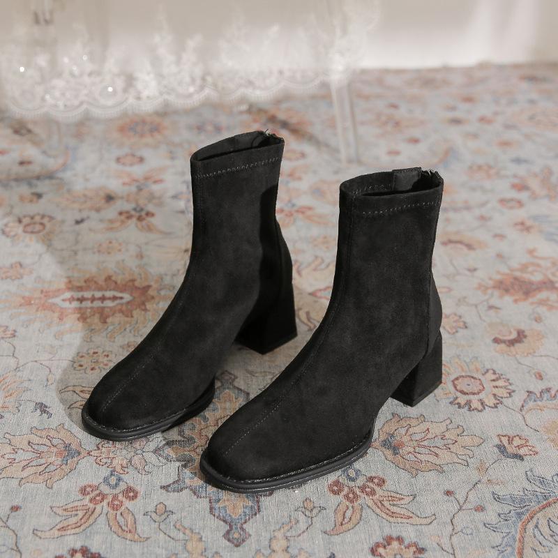 French suede thick heel short boots women's 2025 new rear zipper square head thin boots daily wear high heel women's boots
