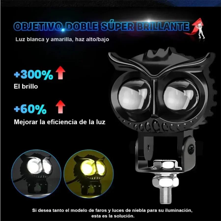 2PCS Dual Color Motorcycle Headlight Owl Design 4 Modes Auxiliary Spotlights Motorbike Scooter Fog Lamp Running Lights