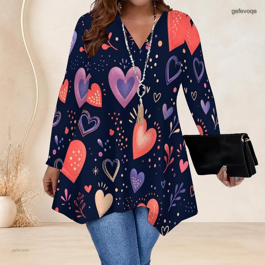 Women Plus Size V Neck Long Sleeve Printed Asymmetric Hem Flared Tunic Top