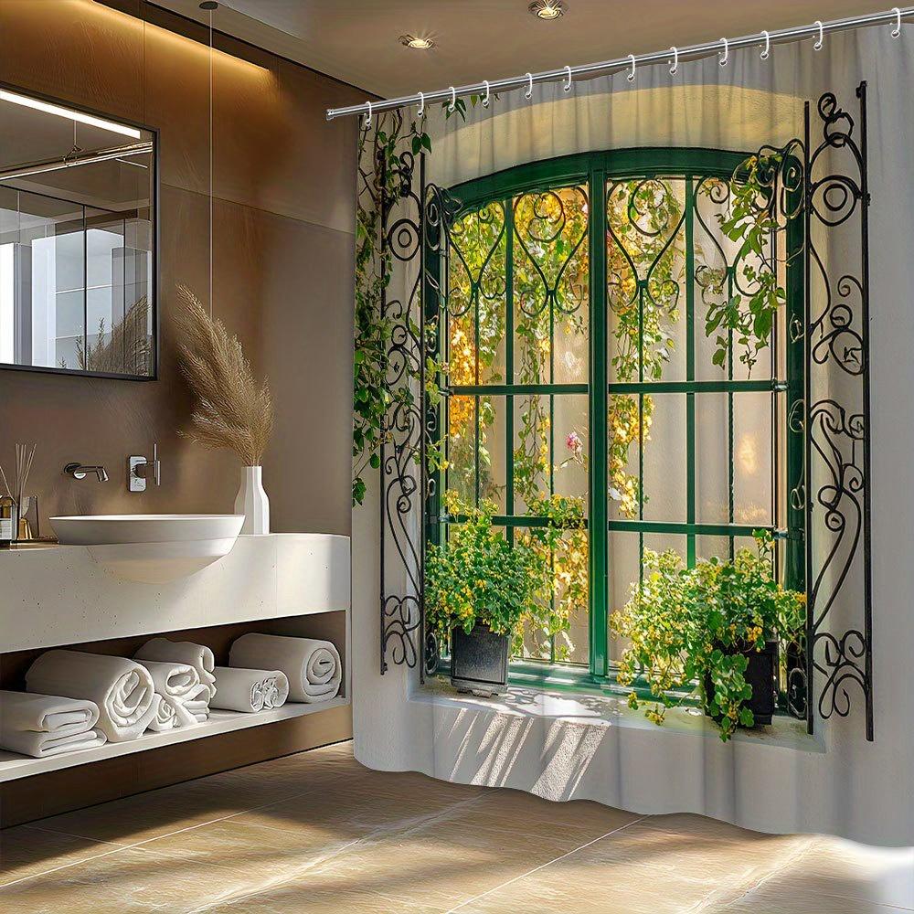 Green Garden Arch Shower Curtain Lush Botanical Design For All Seasons, Contains 12 Hooks, Bathroom Decorative Shower Curtain