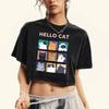 Hello Nine Space Cartoon Cat Prints Women Washed Crop T-Shirt Soft Casual T Shirts Summer Cotton Tops Short Sleeve