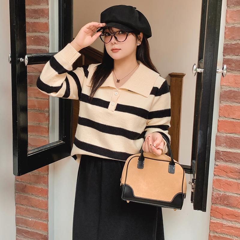 Women's Plus Size Lapel Long Sleeve Striped Shirt Autumn and Winter Loose Knitwear
