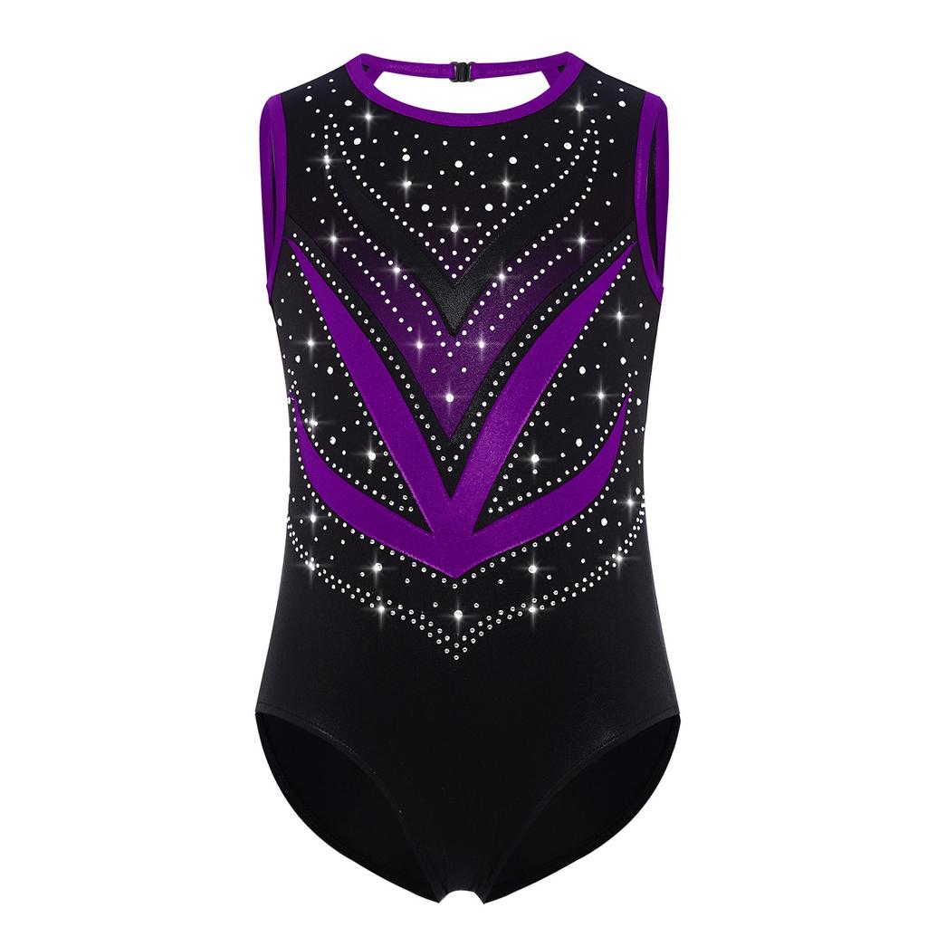 Girls Gymnastics Leotard Sleeveless Crisscross Cutout Back with Mesh Patchwork Shiny Rhinestones Bodysuit
