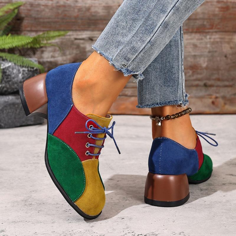 Pantofi Simpli cu Toc Bloc din Piele Suede Multicoloră Toamnă Nou Vârf Rotund cu Barete Antiderapanți Rezistenți la Uzură Tocuri Înalte