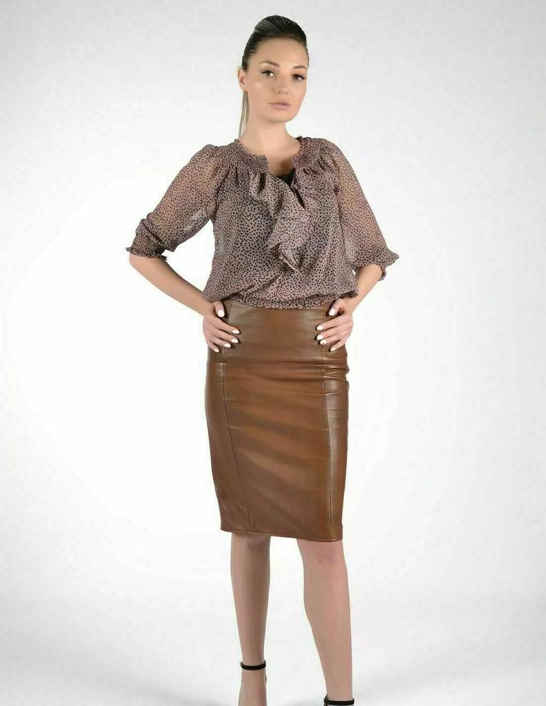 Brown Stylish Women's Leather Skirt Pure Soft Lambskin Handmade Elegant Formal