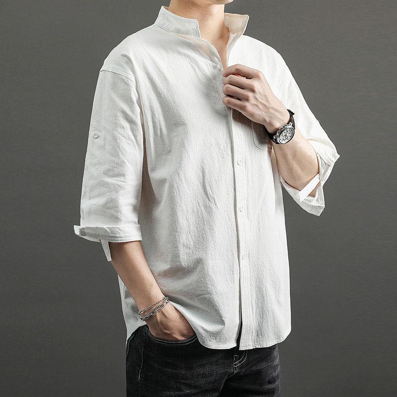 Men's Linen Shirt Three-quarter Sleeve Men Shirts Summer Japanese Casual Loose Stand Collar Cotton and Linen Shirt